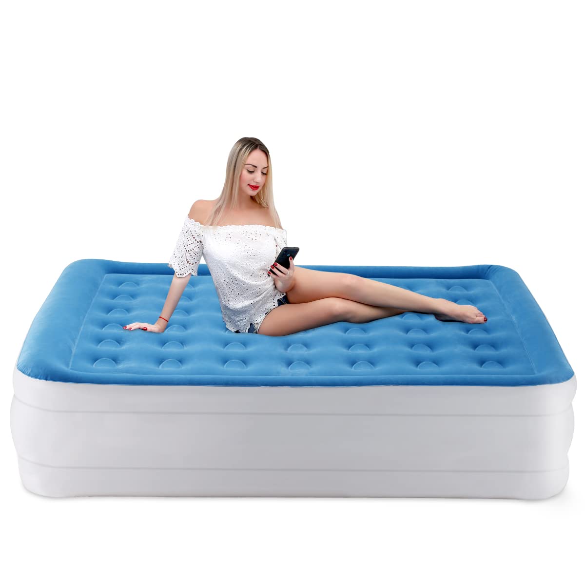 Inflatable Air Mattress with Built-in Electric Pump and Pillow Queen Size Blow Up Bed with Storage Bag Double Airbed for Family Guest and Travelling