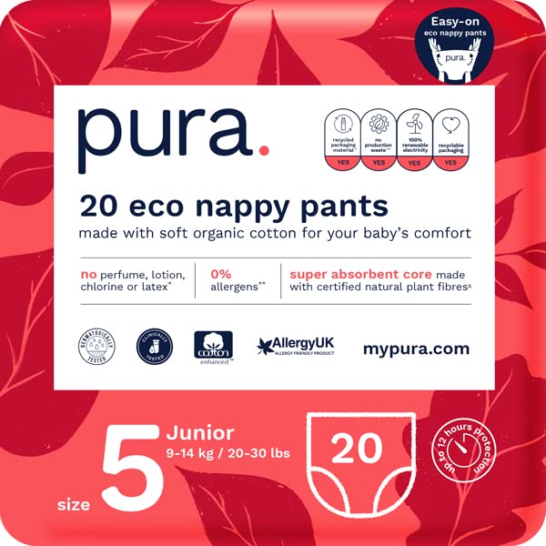 Pura Premium Eco Nappy Pants Size 5 (9-14kg /20-30lbs) 1 Pack of 20 Baby Toddler Sustainable Easy Pull Up and Down, Perfume Free, Clinically Tested and Hypoallergenic Training Pants