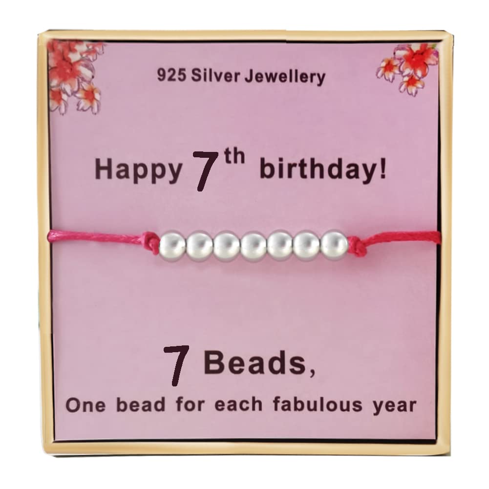 Birthday Gifts for 7th Girls Silver Beads Bracelet Presents Cards for 7 Years Old Girls 7yrs Young Little Girls Unique Gift Idea