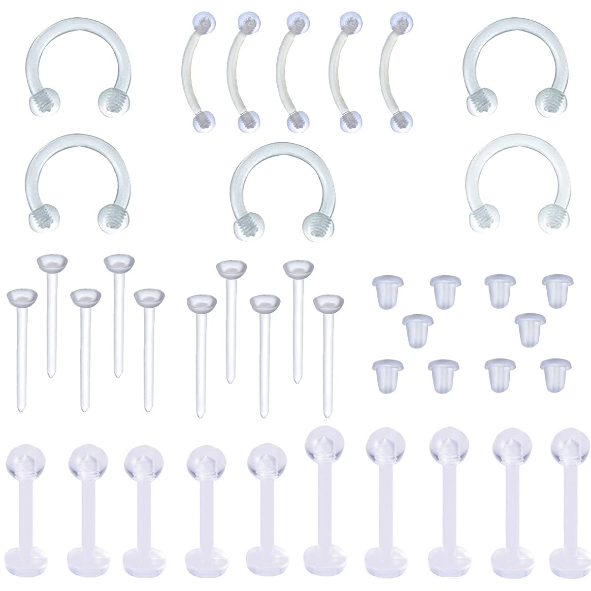 Rlbytia 32-50pcs Clear Earrings Studs Piercing Retainer Acrylic Bioflex Flexible Septum Lip Labret Tragus Helix Cartilage Nose Studs Rings Hoop 16G 20G 14G for School Invisible Piercing