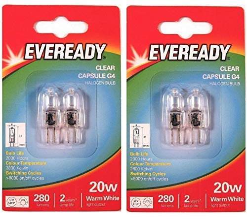 4 x Eveready G4 20W 12V Halogen Capsule Light Bulbs, Dimmable Lamps, 240 Lumen, 2000 Hours Life, Clear Finish