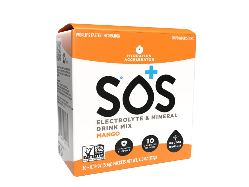 SOS Rehydrate Mango Electrolyte Powder, Easy Open Packets, Supplement Drink Mix 20 sachets, Mango, 100 gram