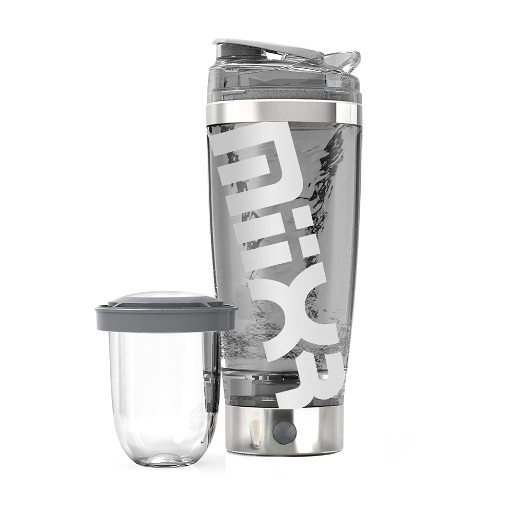 MiiXR PRO Electric Shaker Bottle by PROMiXX | Rechargeable Vortex Mixer | Includes Built-in Supplement Storage & USB Charger Cable with Easy-to-clean Cup (600ml | Stainless Steel Silver/White)