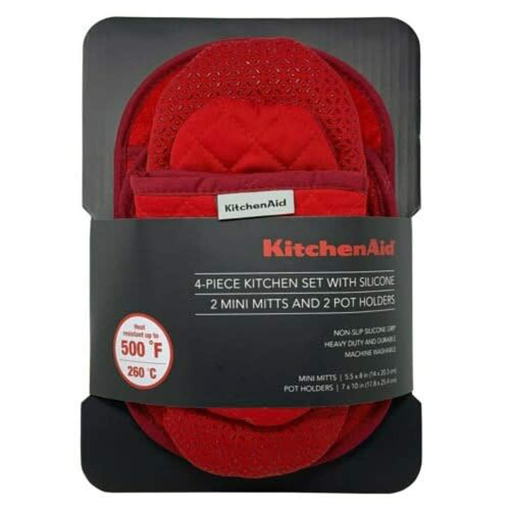 KitchenAid Set Mini Mitt Silicone Coated 260°C - 2x Pot Holders Oven Gloves Mitt Heat Resistant (Red) (487566)