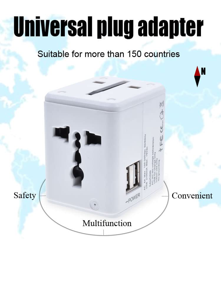 RaulE USB Plug Charger 2-Port USB for worldwide travel, international travel plugs with EU, UK, US, AU plugs (WHITE-2ports)