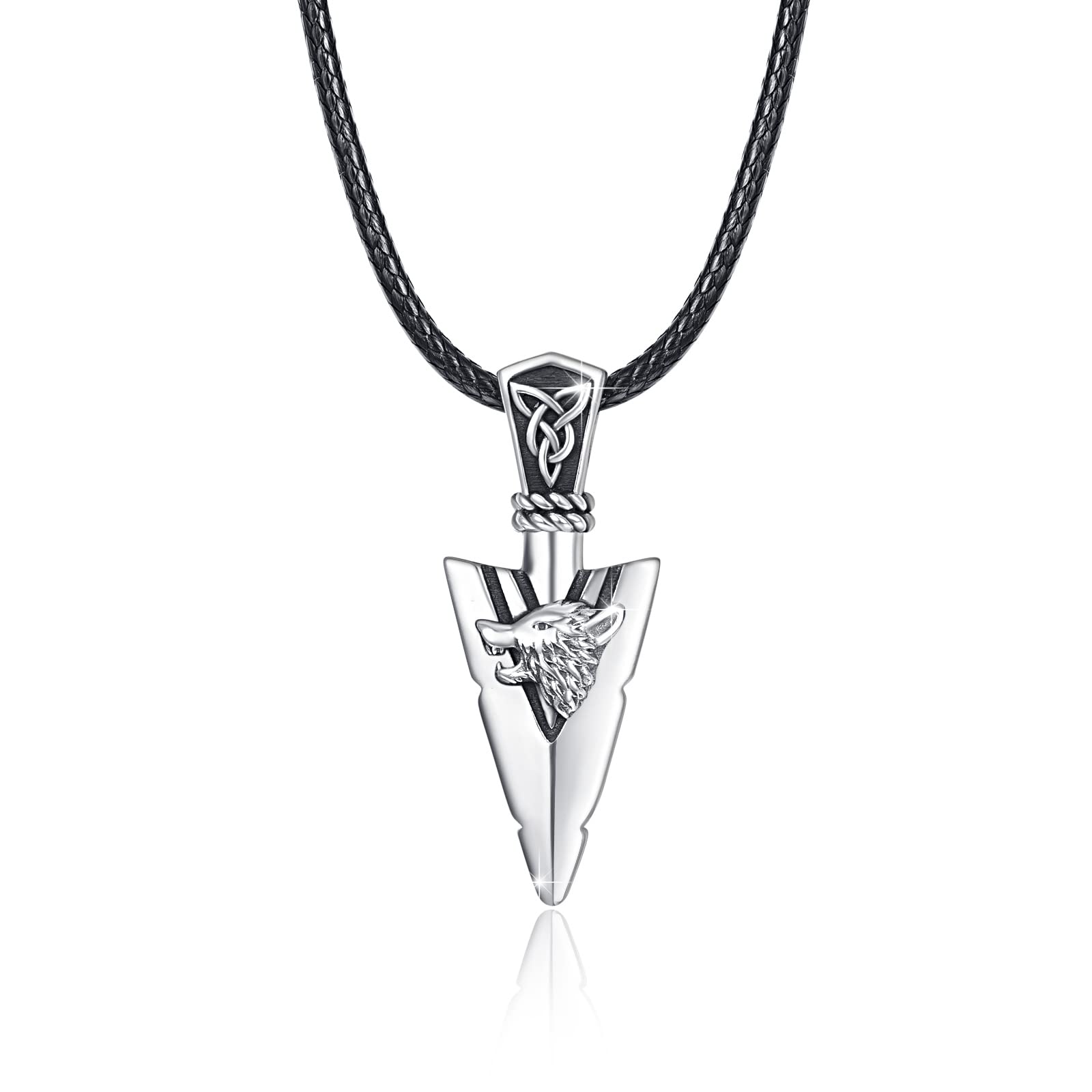 Gifts for Father's Day, Wolf Arrowhead Silver Necklace, Silver Wolf Sword Pendant Necklace, Viking Celtic Knot Rune Knight Pendant Protection Amulet,Nordic Myth Scandinavian Vintage Gothic Jewelry