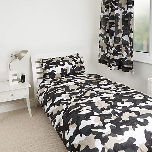 Zappi Co Grey Camo Single Kids Duvet Cover For Bedding Range in Camouflage Black White Grey (Single Duvet Set)