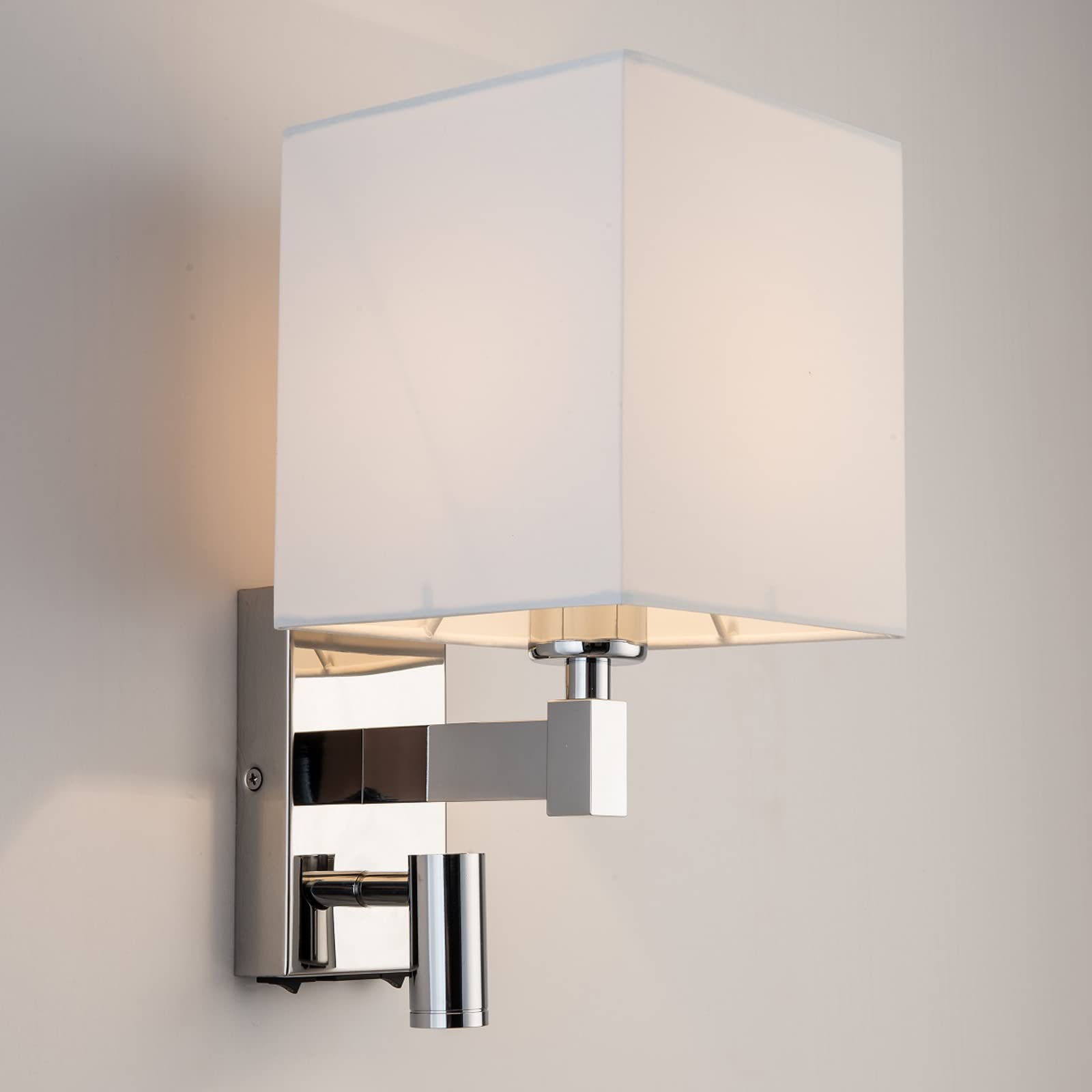 HARPER LIVING 1xE27/ES Up Down Wall Light with Adjustable LED Reading Light, 1 USB Port and 2 On/Off Switches, Polished Chrome Finish, White Fabric Shade (Square Shade)