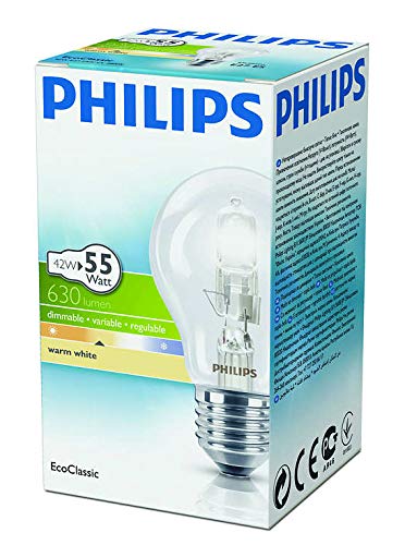 PHILIPS 42W = 55W GLS A55 ES E27 Edison Screw Halogen EcoClassic A55 Energy Saving Dimmable Light Bulb 240V - Pack of 6