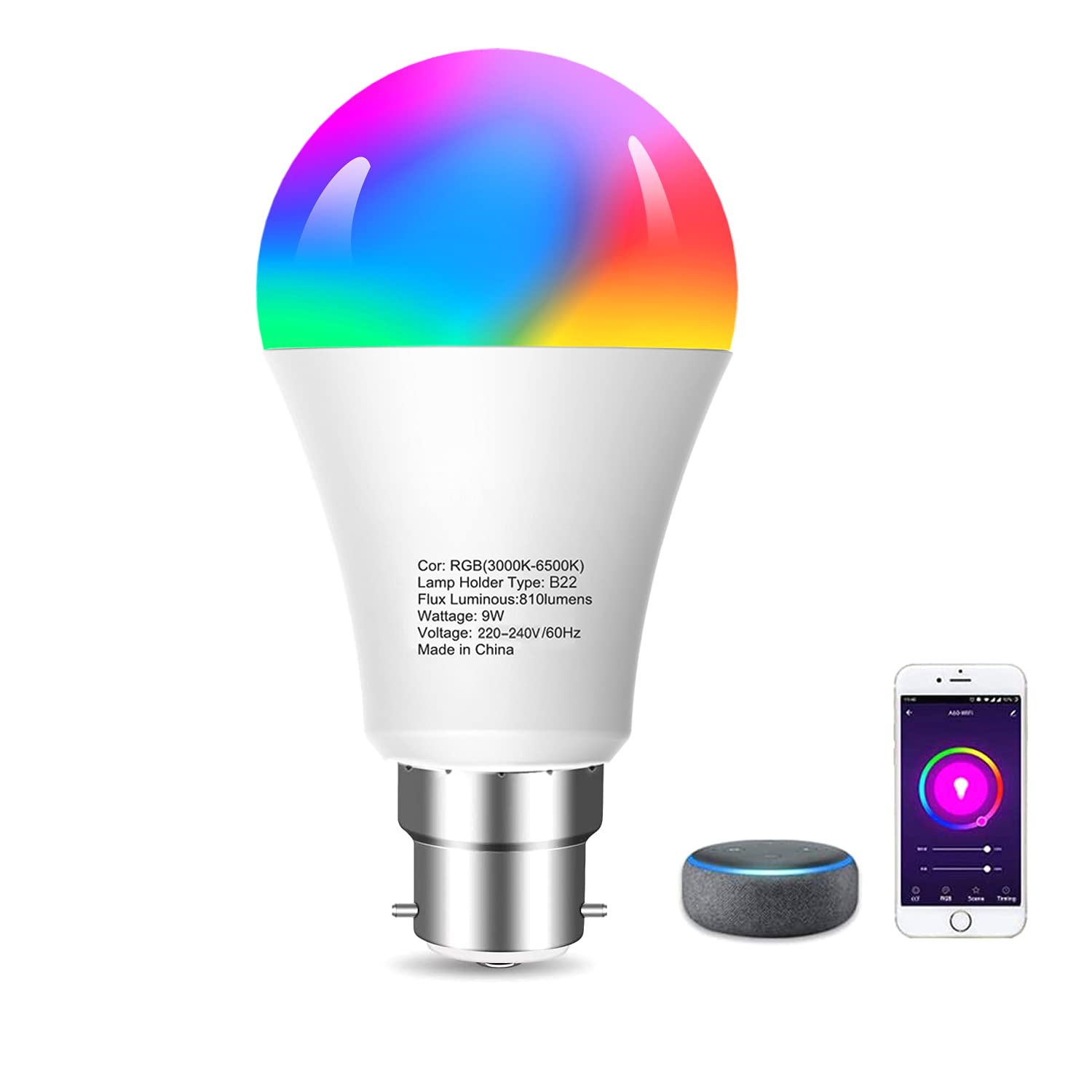 WiFi Smart Light Bulb eLinkSmart WiFi LED Bulbs B22 9W (80W Equivalent), Work with Alexa and Google Home, RGB 16 Million Colors Include Cold and Warm Light, Remote Control, iOS, Android 1P