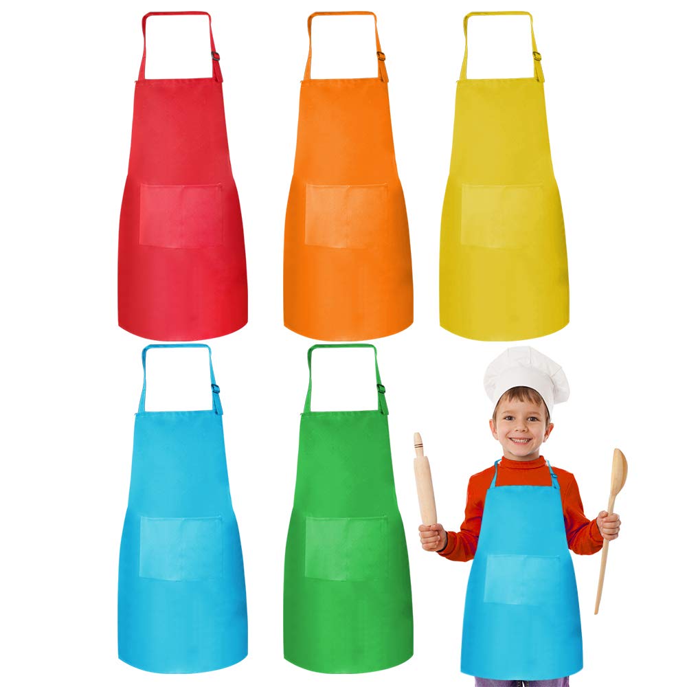Heqishun 5 Pack Adjustable Kids Apron with Pockets Children Chef Apron for Cooking, Baking, Painting and Cooking Party