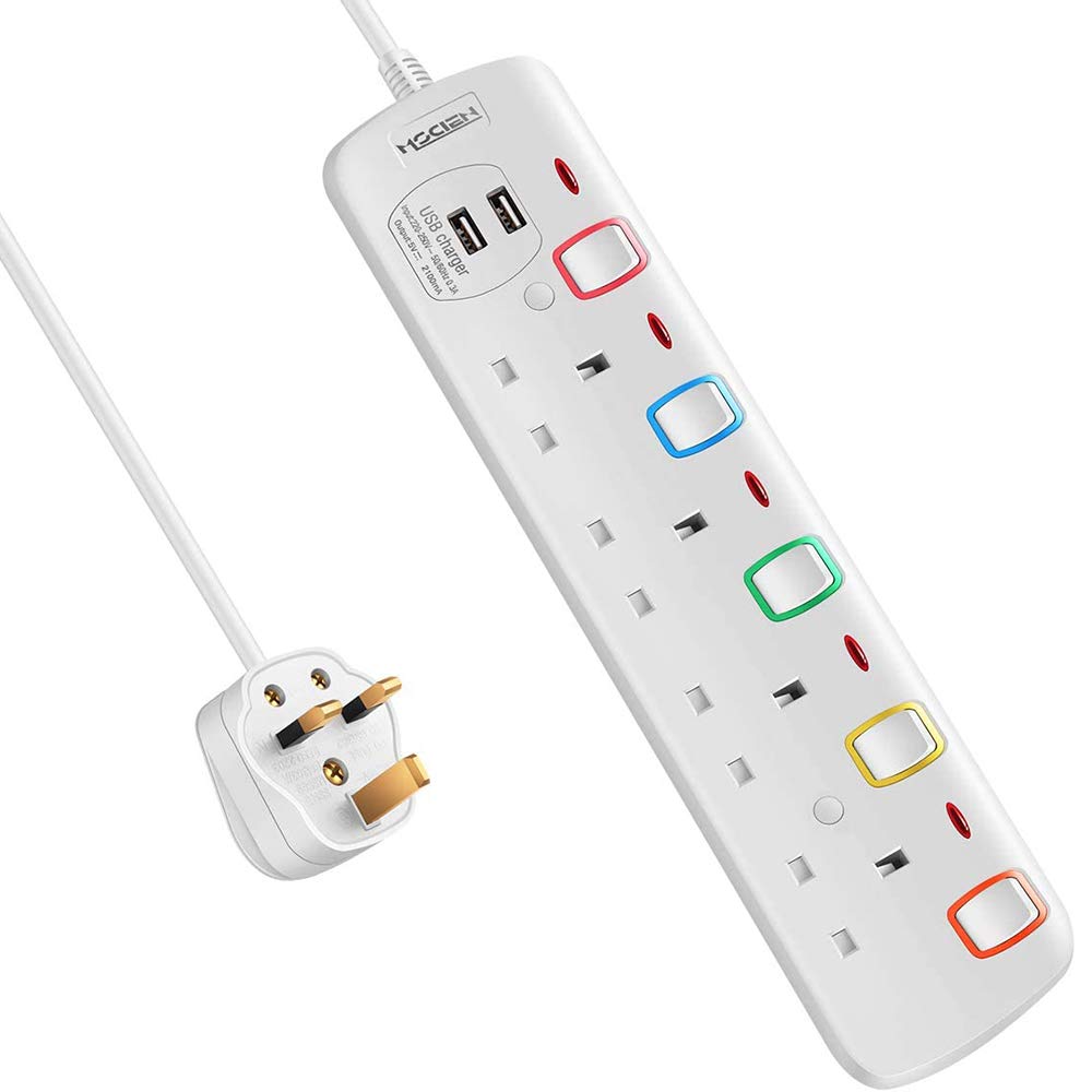 Mscien Extension Lead with USB 2M, 4 Way 2 USB Slots with Individual Switches Mountable Power Strip - 2Meter/6.56FT Extension Cord