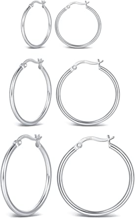 SAKUNALA Silver Hoop Earrings for Women, 3 Pairs 925 Sterling Silver Hoop Earrings Set, Large Sterling Silver Huggie Earrings, Hypoallergenic Big Silver Hoops Hinged Earrings for Girls, 30 / 40 / 50mm