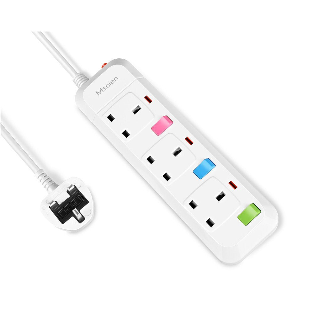 Mscien 3M Extension Lead Surge Protection 3 Way Individually Switched Power Strip With 3 Meter Extension Cord 2500W/10A（3 Gang-3M Cord)