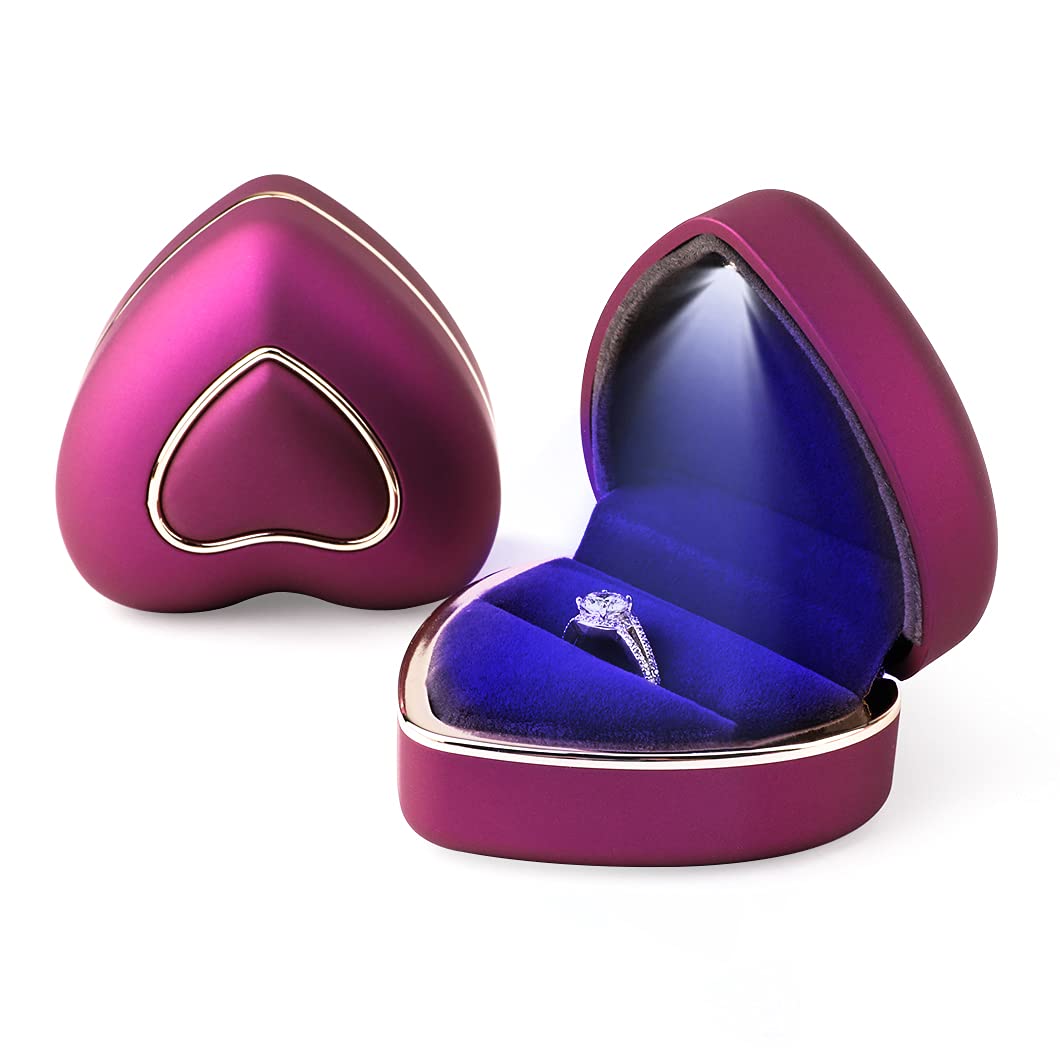 Rolin Roly Ring Box with LED Light Engagement Velvet Gift Rings Box Jewelry Displays Boxes Heart Shaped Ring Box for Proposal Weddings Birthday Anniversary (Purple Heart Ring Box)