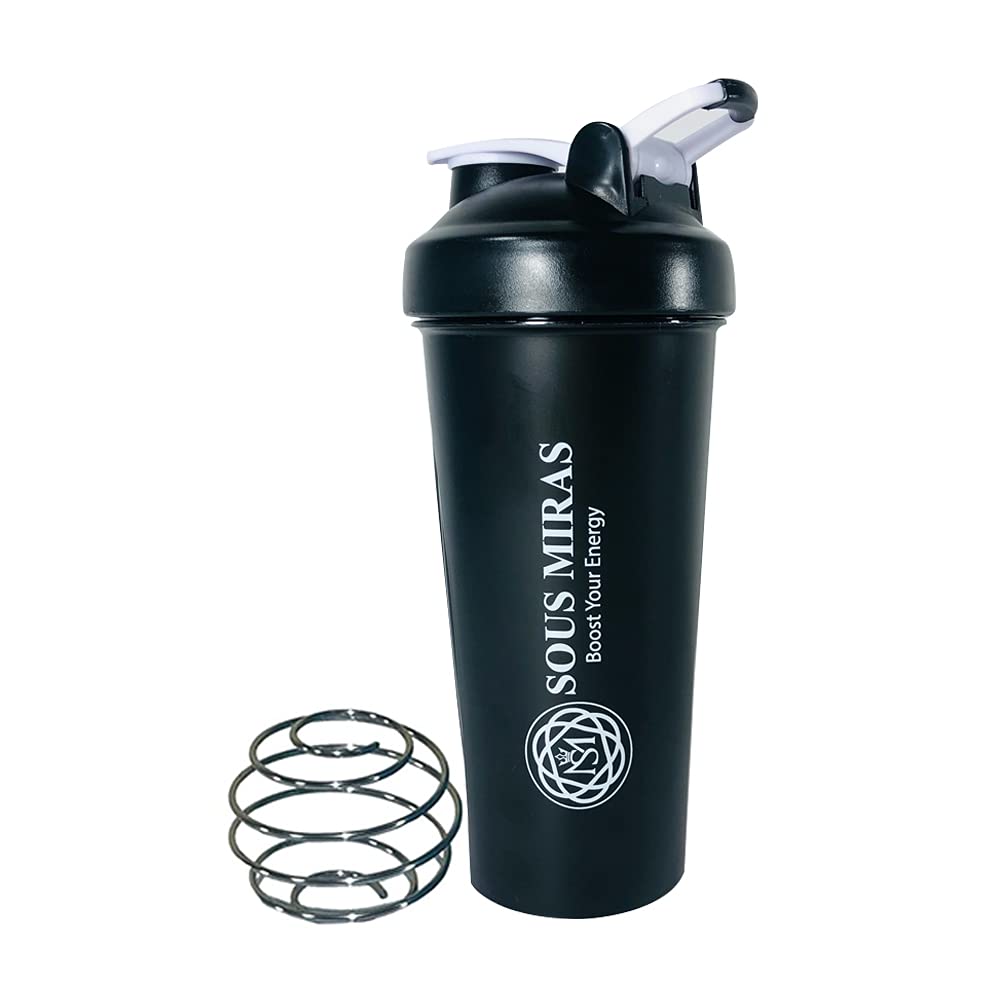 Sous Miras Protein Shaker Bottle, Leak Proof Drinks Shake Cup for Gym or Fitness Sports, Protein Supplements Shake, Blender Mixer Bottle with Stainless Steel Metal Mixture Ball (600ml/700ml) - Black