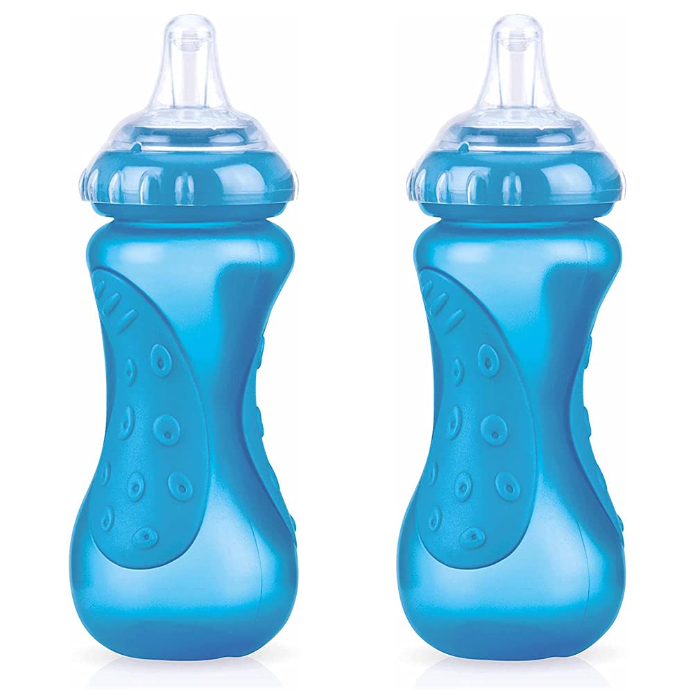 2 x Nuby 300ml No Spill Easy Grip Sport Sipper Bottle with Silicone Straw, BPA Free and Leakproof, for Drinking Juice, Water & Milk, Age: 9m+ [Blue+Blue]