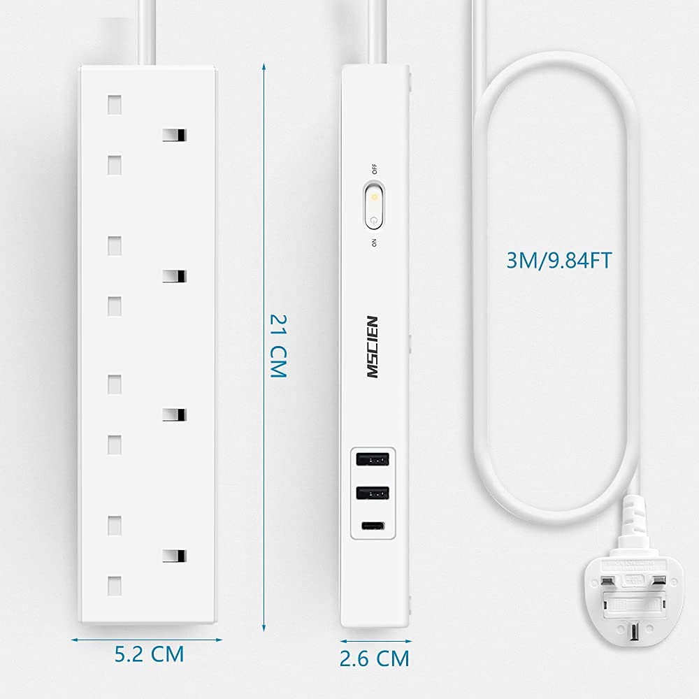 Extension Lead With USB C Slots, Mscien 3M 4 Way Outlets Power Strip With 1 USB-C And 2 USB Ports,Overload Protection Multi Power Plug Extension Socket For Home Office,White