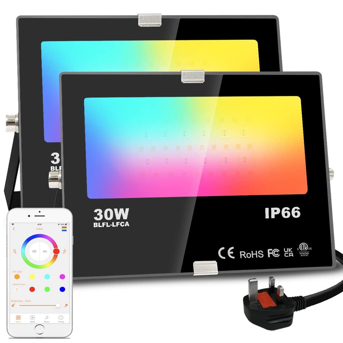 LED Floodlight 300W Equivalent 3000LM, Smart RGB Flood Lights Outdoor with APP Control, Colour Changing + Warm White, Timing - Scene - Garden Lighting, IP66, UK Plug（2 Packs)