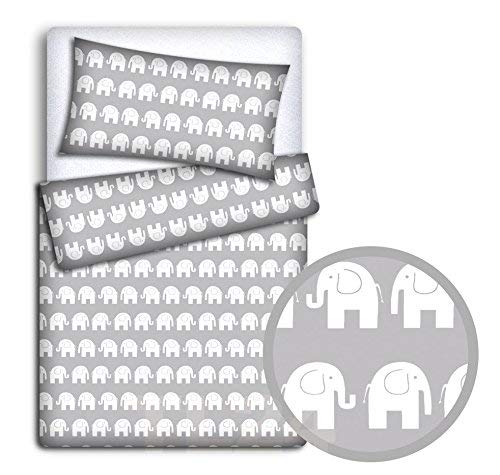 Baby Bedding Set Pillowcase + Duvet Cover 2PC to FIT Junior Bed (Elephants Grey)