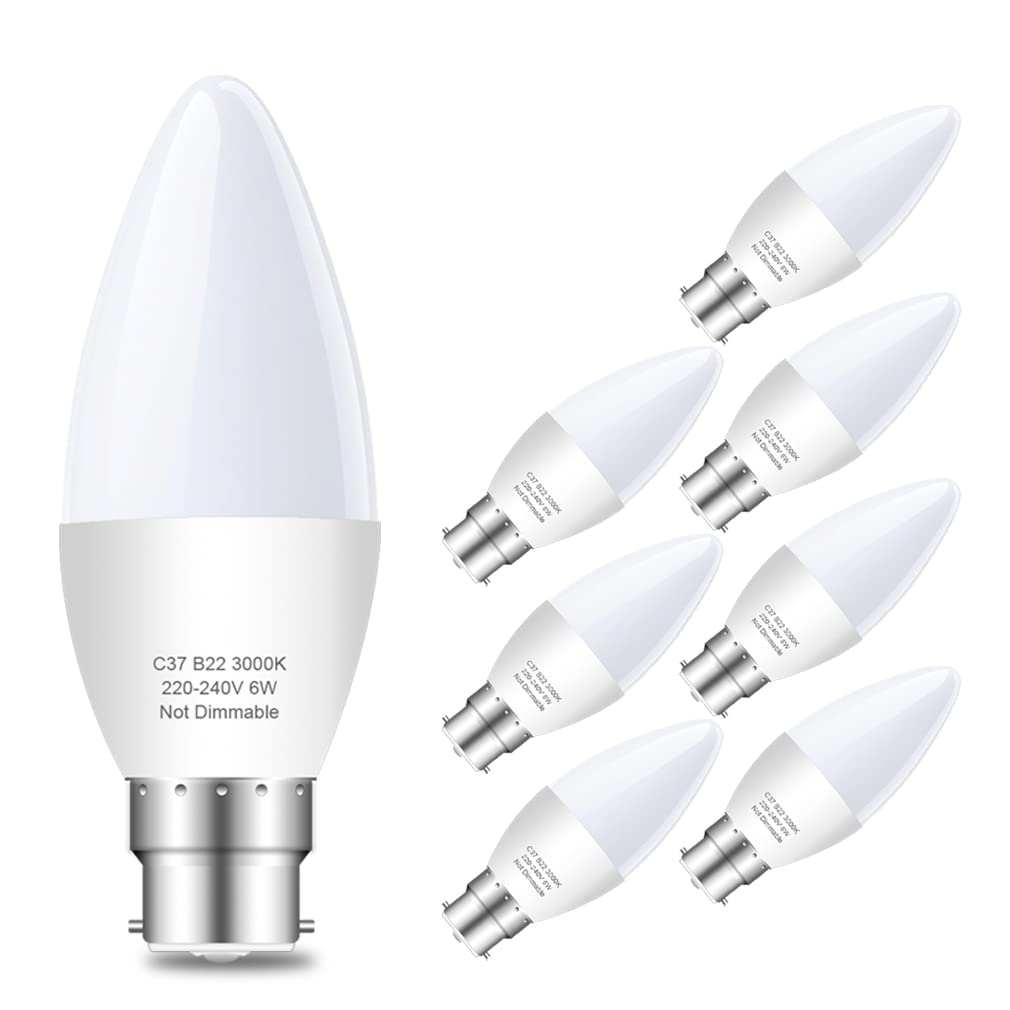 Plusluck B22 LED Candle Light Bulbs Bayonet Cap, 6w(60W Halogen Bulb Equivalent), 600Lumens, Warm White 3000K, C37 Energy Saving Super Bright, 270° Beam Angle, Non-Dimmable, 8-Pack