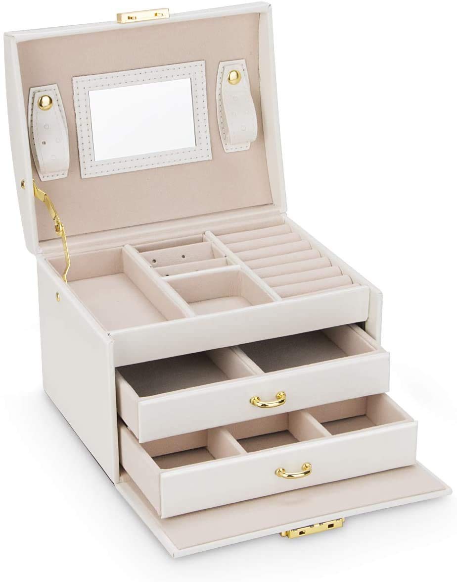 Jewellery Box, Jewellery Organiser with 2 Drawers Three Layers PU Leather Jewelry Velvet Storage Case with Mirror and Lock, For Storing Rings, Bracelets, Earrings, Necklaces, Female Gift - White