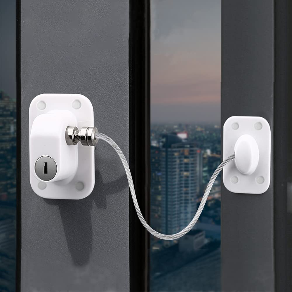 Window Safety Locks Self Adhesive AOSITE 2 Pack Baby Window Restrictor with Key UPVC Window Locks Child Safety Cable Lock Pet Window Restrictors No Drilling Kids Refrigerator Lock for Childproof