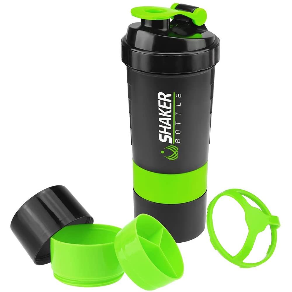 VECH Protein Shaker Bottle - Sports Water Bottle - Non Slip 3 Layer Twist Off 3oz Cups with Pill Tray - Leak Proof Shake Bottle Mixer- Protein Powder 16 oz Shake Cup with Storage (Green)