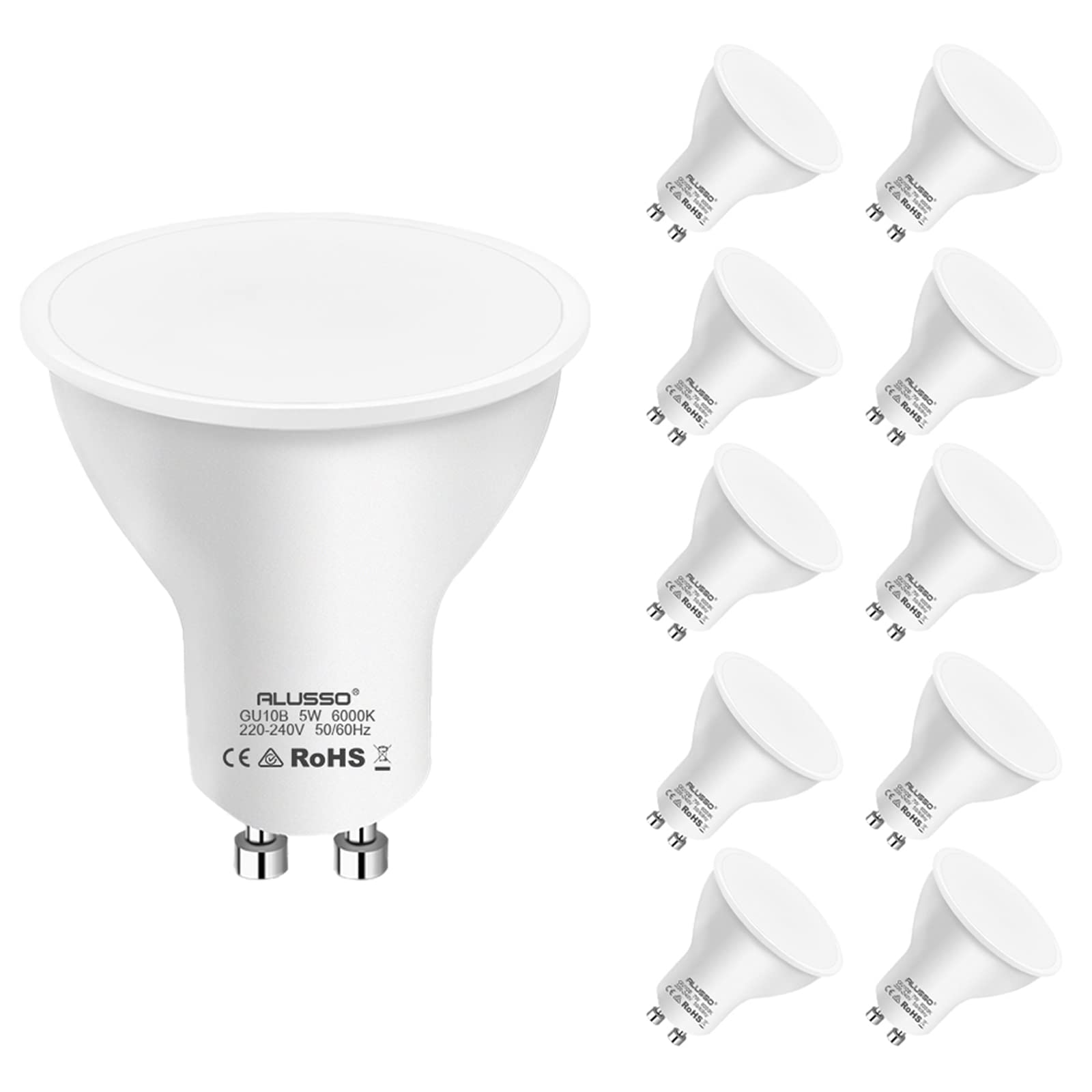 ALUSSO 5W GU10 LED Bulbs, 35W GU10 Halogen Spotlight Bulb Equivalent, Cool White 6000K Energy Saving Light Bulb, 120° Beam Angle, Pack of 10
