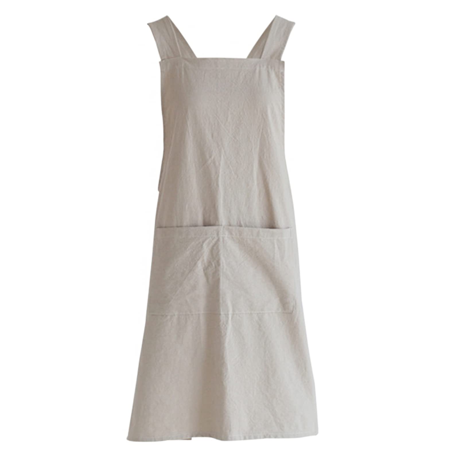 FBBULES Cotton Linen Apron with Pocket Solid Color Japanese Style Cross Bandage Halter Pinafore Chef Kitchen Cooking Clothes Men Women Bib Housewarming Gift