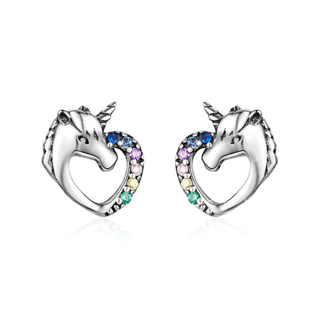MengCat Unicorn earrings for girls,Heart Shape 925 Sterling Silver Rainbow Cubic Zirconia Screwback Earrings Gift for Her, Women, Girl