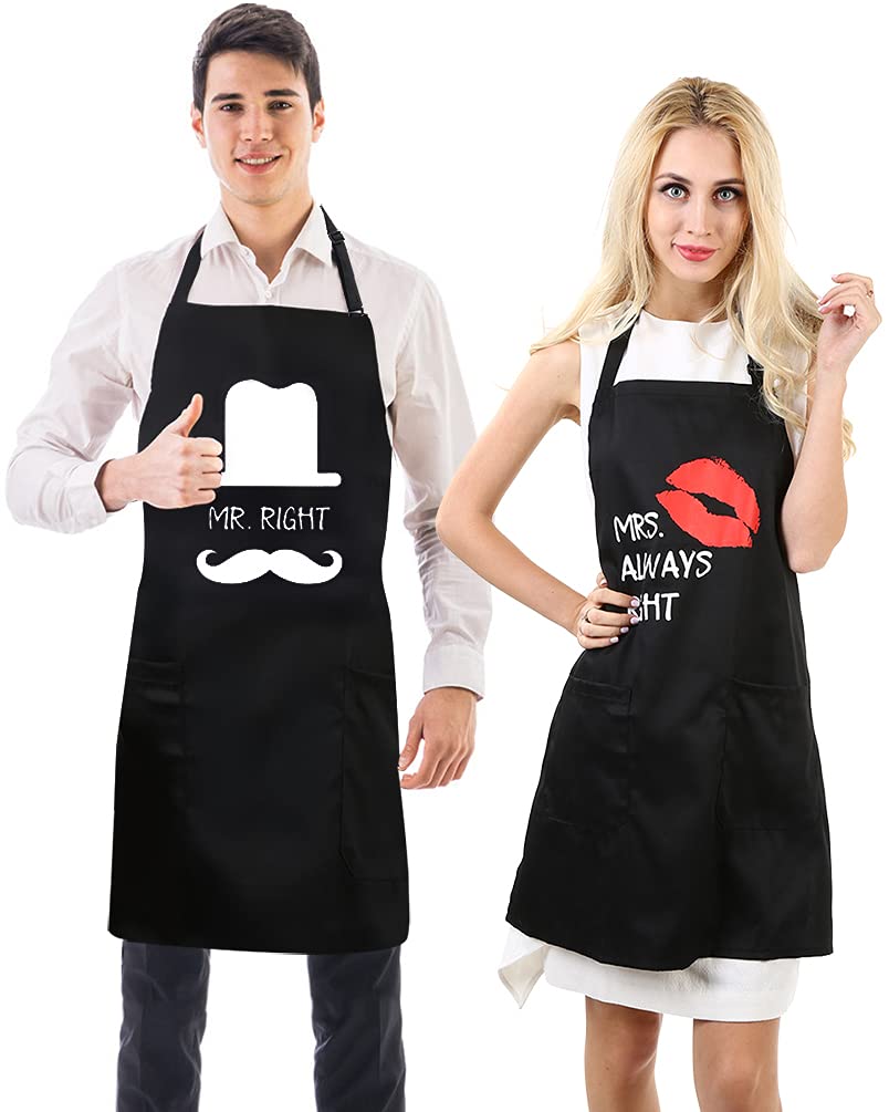Couple Aprons Personalised Gifts Set - Funny Kitchen Aprons for Men Women / Mr. Right & Mrs. Always Right Matching Aprons With 2 Pockets for Wedding Birthday Valentines Anniversary Engagement Present