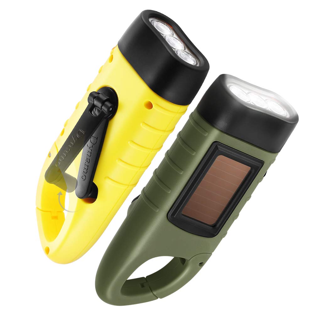 GeeRic 2-Pack Hand Crank Solar Powered Flashlight, Emergency Rechargeable LED Flashlight, Survival Flashlight, Quick Snap Carabiner Dynamo Flashlight Torch for Outdoor Sports, Army Green+Yellow