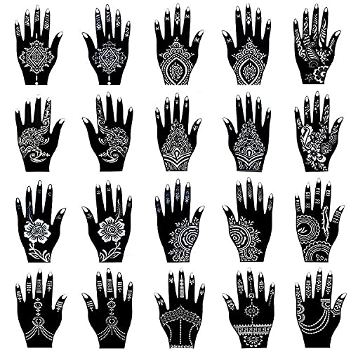 XMASIR 20 Pieces Hand Shape Indian Design Tattoo Stencil for Women Girl Hand Art Temporary Tattoo Sticker Glitter Templates 20 X 10.5cm (hand20-black)