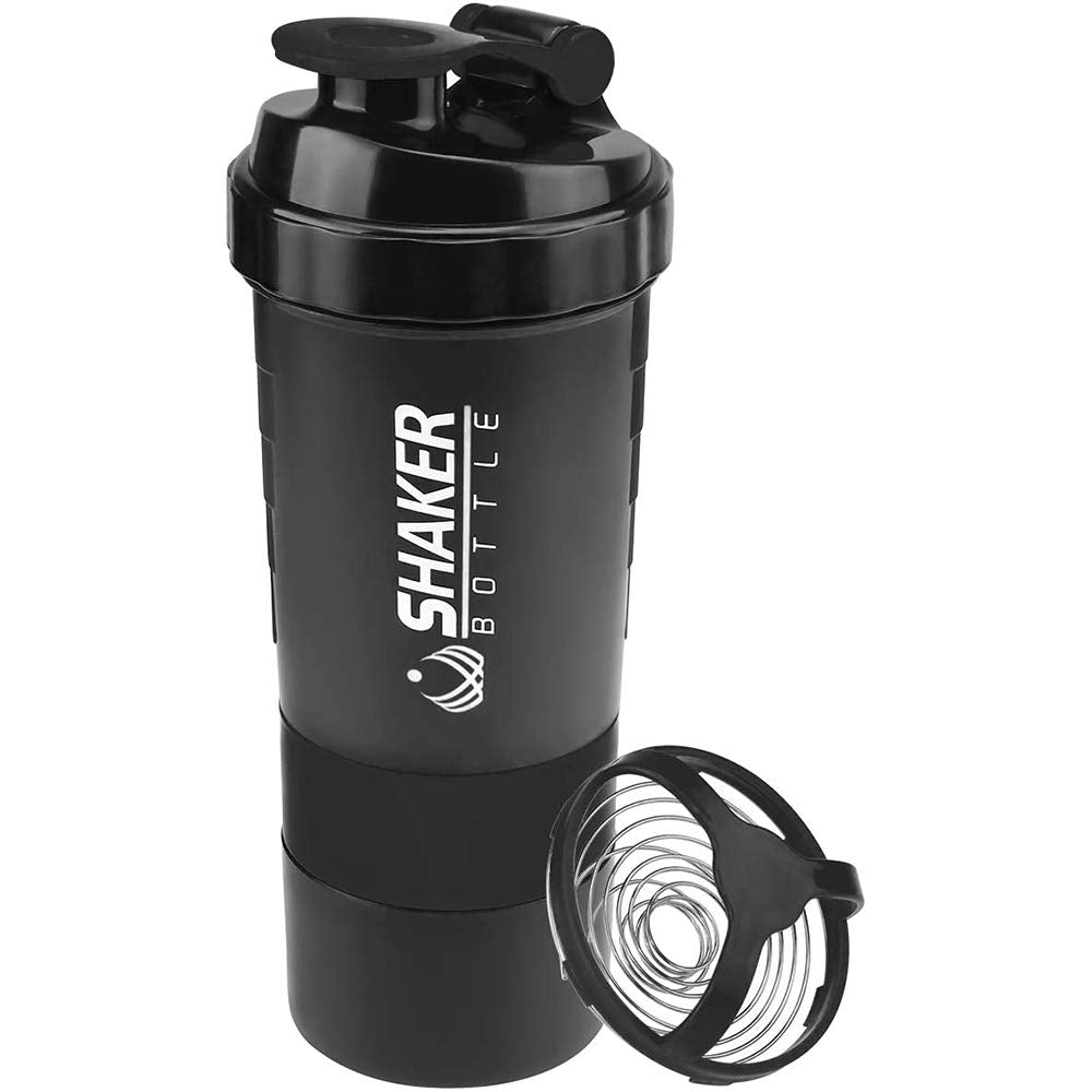 VECH Protein Shaker Bottle - Sports Water Bottle - Non Slip 3 Layer Twist Off 3oz Cups with Pill Tray - Leak Proof Shake Bottle Mixer- Protein Powder 16 oz Shake Cup with Storage (Black)