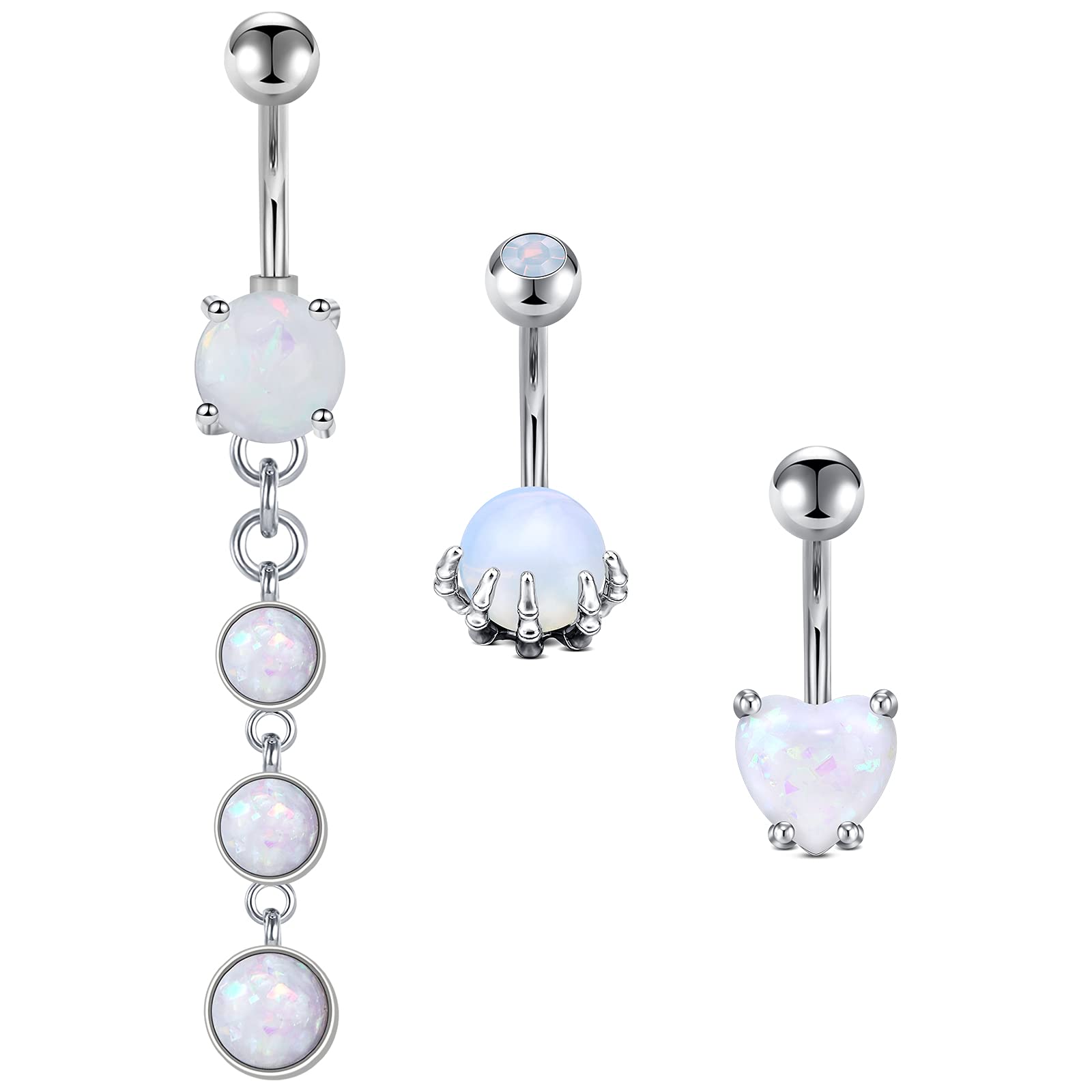 Funseedrr 3pcs Belly Button Bars Surgical Steel 14G 10mm Navel Rings Dangly Belly Piercing Bar