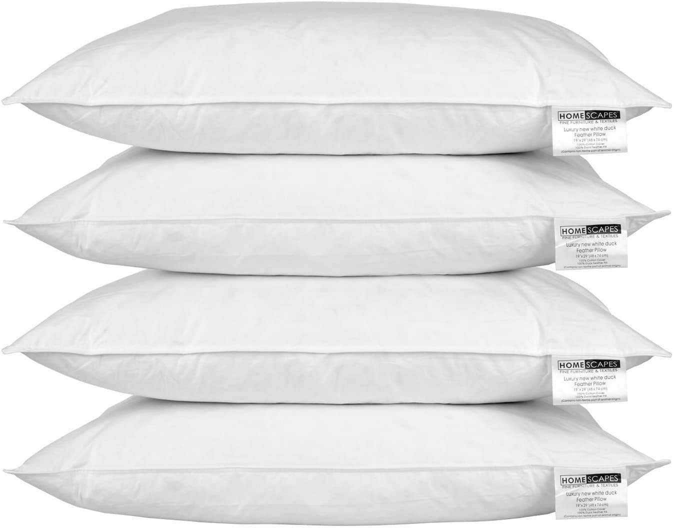 HOMESCAPES - White Duck Feather Pillow Pack of 4 Pillows (Set of 2 Pairs) - Machine Washable - Hypo Allergenic & Anti Dust Mite RDS Certified.