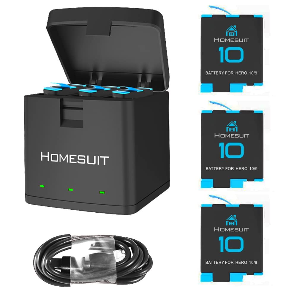 Homesuit Hero 9/10 Batteries 1800mAh and 3-Channel USB Storage Quick Charger for Gopro Hero 10 Black, Hero 9 Black, Fully Compatible with Gopro Hero 10/9 Battery and Charger (3-Pack)