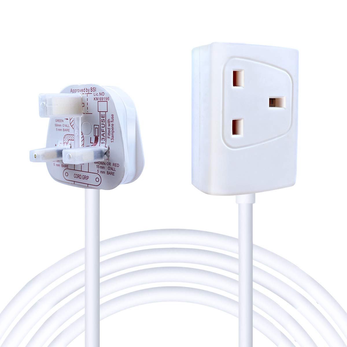 ExtraStar 1 Way Gang Single Socket Mains Power Extension Lead 13A UK 3Pin Plug - 5 Metre Cable, White