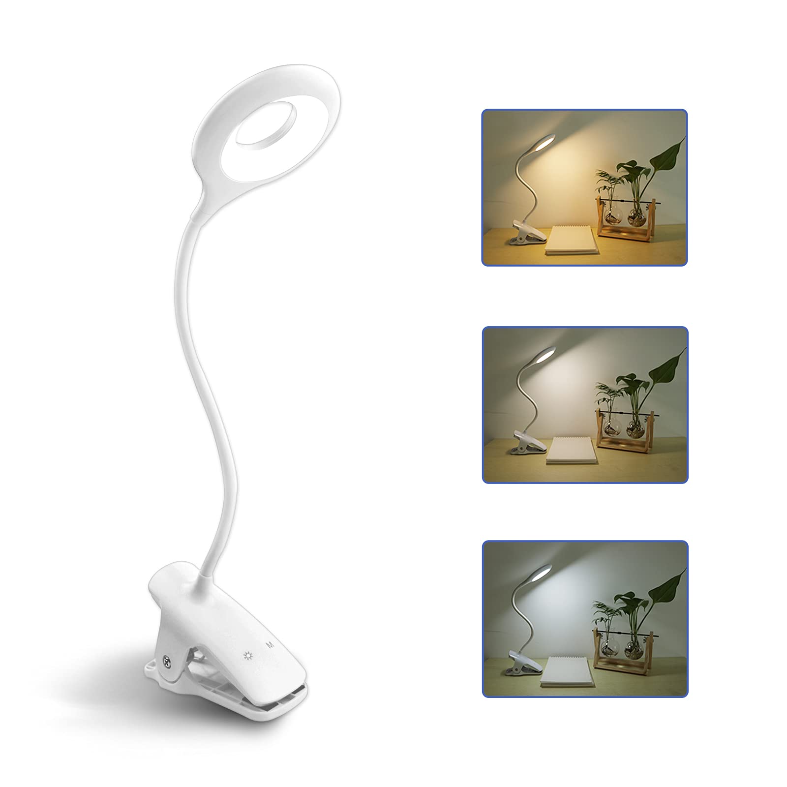 3W Bedside Reading Lamp USB Rechargeable, 28 LED Touch Desk Lamp Wireless for Kids, 3 Colours and 3 Intensities, Portable Reading Lamp Clip On Bed Book Light Nursing Light, White