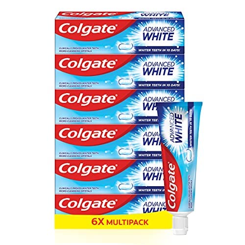 Colgate Advanced White Toothpaste, 5 x Multi Action Whitening Toothpastes with Cavity Protection Fluoride Formula for Whiter Teeth, Bulk/Value Set, 75 ml (Pack of 6)