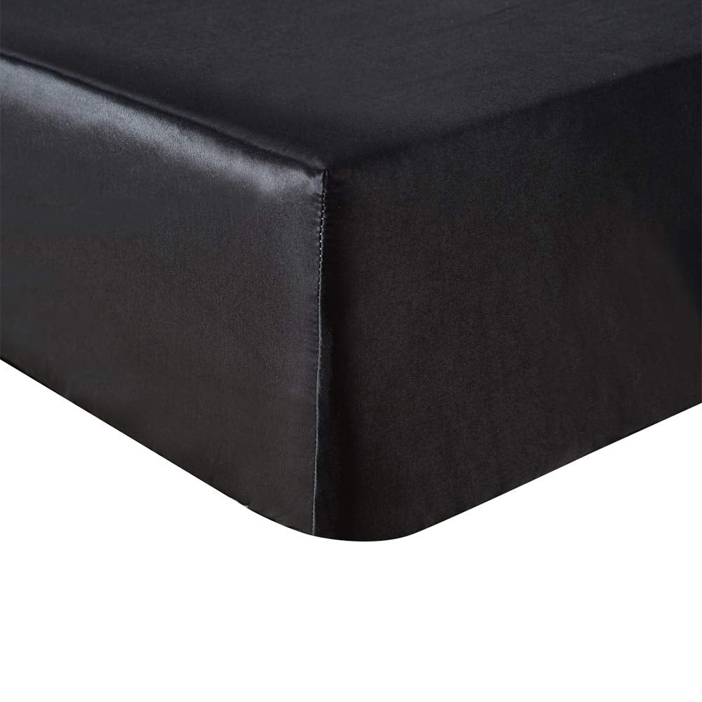 Hotniu 1 piece Satin Silk Fitted Sheet, Plain Dyed Bedding, Silk Bed Sheet Anti Slip Satin Wrinkle & Fade (Double, Black)