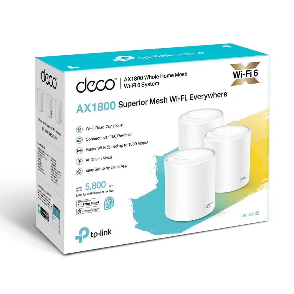 TP-Link Deco X20 AX1800 Whole Home Mesh Wi-Fi 6 System, AI-Driven Mesh, Up to 2,200 Sq ft Coverage, 1 GHz Quad-Core CPU, Compatible with Amazon Alexa, With TP-Link HomeShield's kit