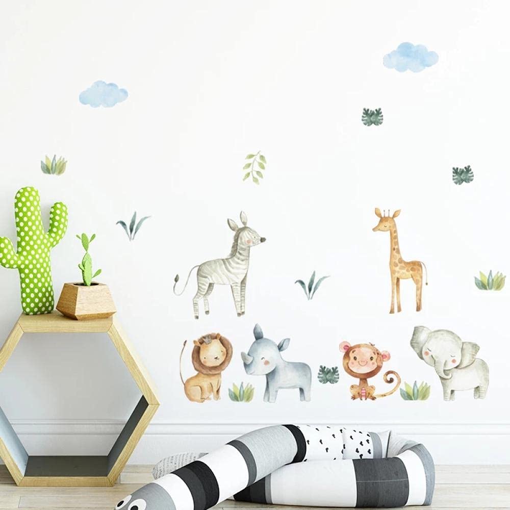 Anguiren Watercolor Safari Cartoon Animals Jungle Wall Stickers for Kids Room Baby Nursery Room Decoration PVC Wall Decals Living Room