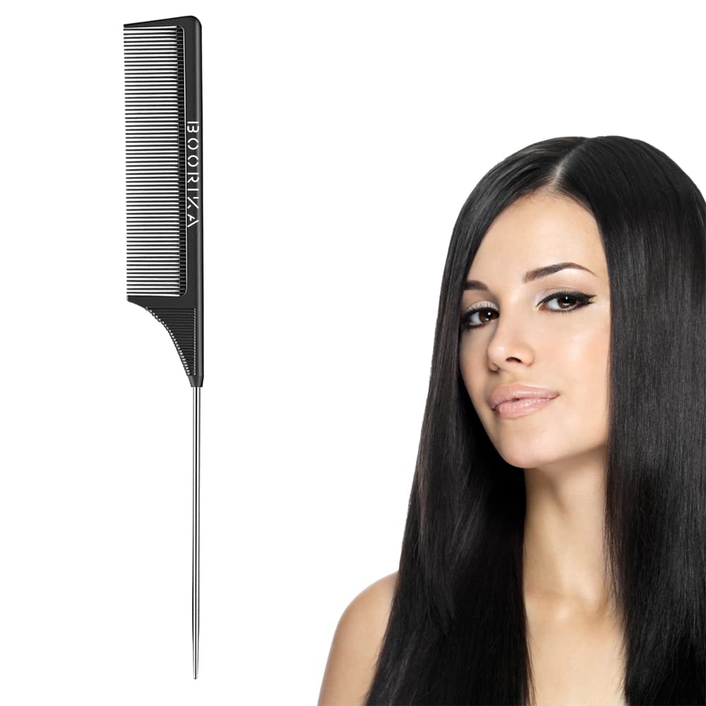 BOORIKA Pin Tail Comb, Rat Tail Comb 100% Anti-static, Heat resistant, Lightweight, Durable with anti-skid paddle and Stainless-Steel Pintail for All Hair Types (Black)