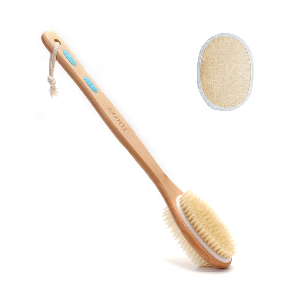 Ithyes Shower Brush with Soft and Stiff Bristles Body Brush Dry Brushing Back Scrubber Bath Brush Wood Long Handle Natural Bristles exfoliating Massage Double-sided Brush Head for Wet/Dry,Loofah Pad