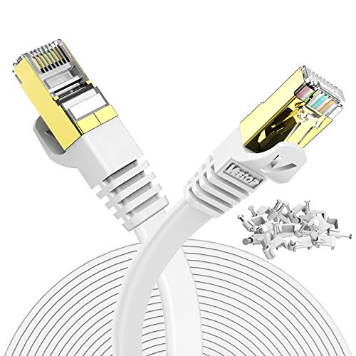 Veetop 20m/65ft Flat CAT7 High Speed 10Gbps RJ45 Cat 7 Ethernet cables LAN Networking Cable with STP Copper Wires Shielded & Gold Plated Connector for Computer Laptop Router Patch Modem Switch Box (White)