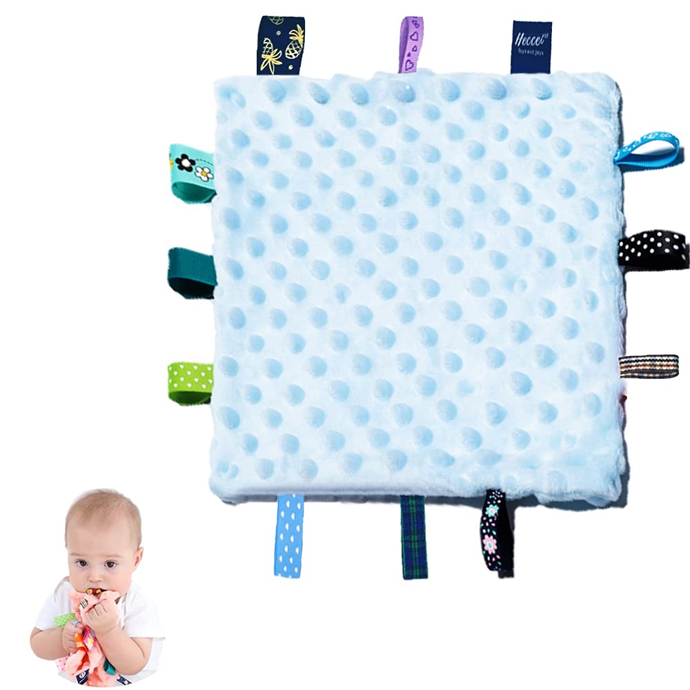 Baby Tags Security Blankets - Baby Soothing Plush Blanket with Colorful Tags, Square Sensory Toys, 10 x 10 inches, for 3-12 Months Babies(Blue)