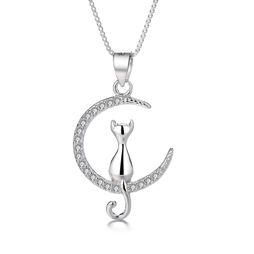 Belons Cat Necklace Women 925 Sterling Silver Cubic Zirconia Cat in Moon Pendant Necklace for Girls Kids