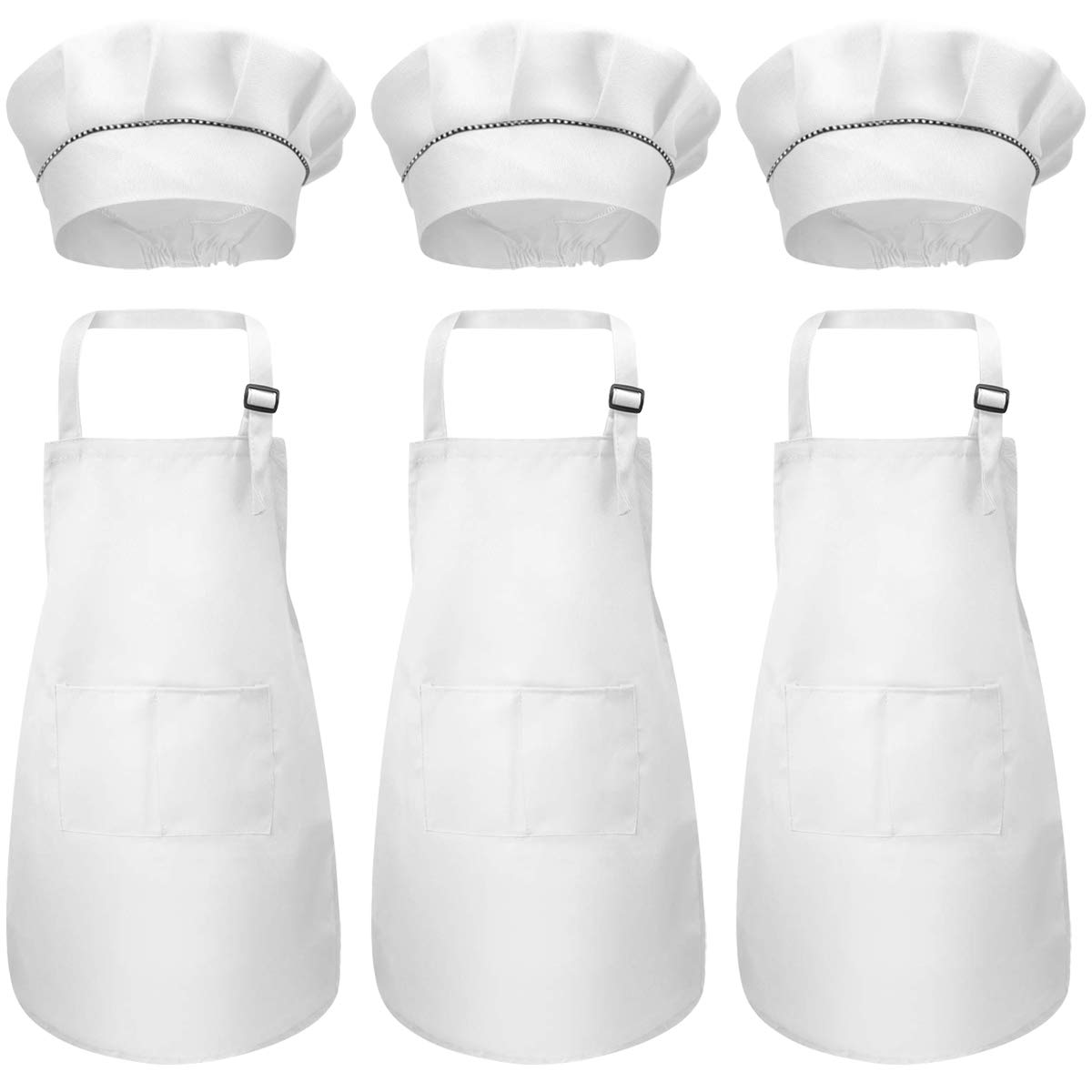 6Pcs Kids Apron and Chef Hat Set, Children Chef Aprons with Pockets, Boys Girls Adjustable Kitchen Garden Bib Aprons, Toddler Cooking Aprons for Crafting Painting Baking (7-13 Year) (White)